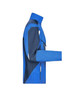 A blue and navy workwear jacket with a zip, featuring a design that includes contrasting panels and a logo.