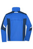 A blue workwear jacket featuring navy accents and a logo on the back.