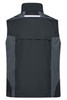 A black workwear vest featuring grey accents, with a high collar and no sleeves. It includes a logo on the back.