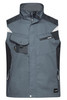A grey workwear vest featuring black accents, pockets, and a logo. Ideal for various work environments.