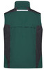 A green and black workwear vest featuring a high collar and a reflective panel on the back. Includes a logo.