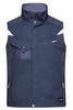 A navy workwear vest featuring multiple pockets and a high collar, designed for practicality and comfort.