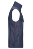 A navy workwear vest featuring sleeveless design, zippered pockets, and a high collar. It has a branding logo.