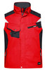 A red and black workwear vest featuring multiple pockets and a zip-up front, with a logo on the design.