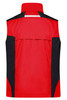 A red workwear vest with black accents and a reflective panel on the back. It features a logo on the front.