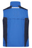 A blue work vest features navy panels and a collar, with a logo on the back.