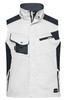 A workwear vest in white with navy accents, featuring multiple pockets and a logo on the front.