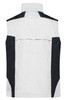 A workwear vest in white, featuring black accents on the shoulders and sides, with a high collar.
