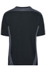 A black T-shirt with grey accents on the sides and back. It has a logo on the upper back.