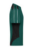 A green and black t-shirt featuring a side view design with sleek lines and sleeves. It has a branding logo.