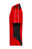 A red and black t-shirt featuring a stylish design and a logo on the front.