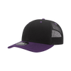 A black and purple trucker cap with a structured design and mesh side panels, featuring a logo.