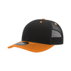 A black and orange structured trucker cap with a mesh back and a curved brim, featuring a logo on the front.