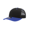 A black and blue trucker cap with a structured mid-profile and mesh backing, featuring a logo on the front.