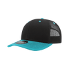 A black and turquoise trucker cap featuring a structured mid-profile design and mesh back. It includes a logo.