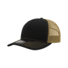 A black and tan trucker cap with a structured design and contrasting stitching. It features a logo on the front.