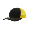 A black and yellow 6-panel trucker cap with a structured profile and contrasting stitching. It features a logo.