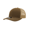 A brown trucker cap with a structured mid-profile design and a mesh back, featuring a stitched brim.