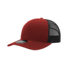 A red and black trucker cap with a structured mid-profile and mesh backing, featuring a logo on the front.