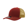 A structured trucker cap in red with a beige mesh back, featuring a logo on the front.