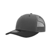 A grey and black 6-panel mid-profile structured trucker cap with mesh sides and a logo on the front.