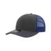 A grey cap with a structured mid-profile and blue mesh backing, featuring a logo on the front.
