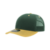 A green and yellow 6-panel mid-profile structured trucker cap with a mesh back and a logo.