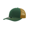 A green and brown trucker cap with a structured design and a mesh back, featuring a logo.