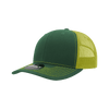 A green trucker cap with a yellow mesh back and contrasting stitching, featuring a branded tag.