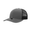 A grey trucker cap with a structured mid-profile and mesh sides, featuring an unidentifiable logo.