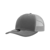 A grey trucker cap with a structured six-panel design and mesh back, featuring contrast stitching and a logo.