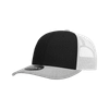 A black and grey 6-panel mid-profile structured trucker cap with a mesh back and a logo.