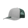 A grey cap with a structured front and green mesh back, featuring a logo on the side.