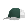 A green and grey 6-panel mid-profile structured trucker cap with a mesh back and a logo on the side.
