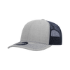 A grey and navy trucker cap with a structured mid-profile design and a mesh back, featuring a logo.