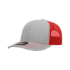 A grey and red structured trucker cap with a mesh back, featuring a logo on the front.