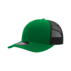 A green and grey structured trucker cap with a mesh back and a circular logo on the brim.