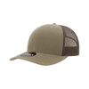 A green and brown 6 Panel Mid Profile Structured Trucker hat with a mesh back and a logo.