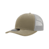 A structured khaki trucker cap with a mesh back and a curved visor, featuring a logo on the front.