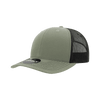 A mid-profile structured trucker cap in olive green with a black mesh back, featuring a logo on the front.