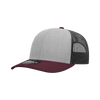 A grey and maroon trucker cap with a structured design and a mesh back. It features a logo on the front.