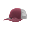 A burgundy trucker cap with a structured mid-profile and mesh backing, featuring contrasting stitching.