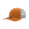 An orange trucker cap with a mid-profile structured design and grey mesh panels, featuring a logo on the front.