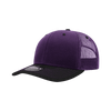 A purple and black structured trucker cap with a mesh back and a logo on the front.