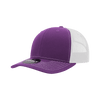A purple and white structured trucker cap with a contrasting stitching design and a logo on the front.