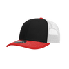 A black and red trucker cap with a structured mid-profile and mesh back, featuring a logo on the front.