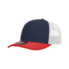 A navy blue and red trucker cap with a structured design and a mesh back. It features a logo on the front.