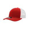 A red and white structured trucker cap with a mid-profile design and a logo.