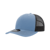 A blue structured trucker cap with a black mesh back and a curved brim. The cap features a logo on the front.