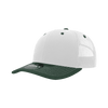 A structured trucker cap featuring a white front and a green visor, with mesh sides and a logo.